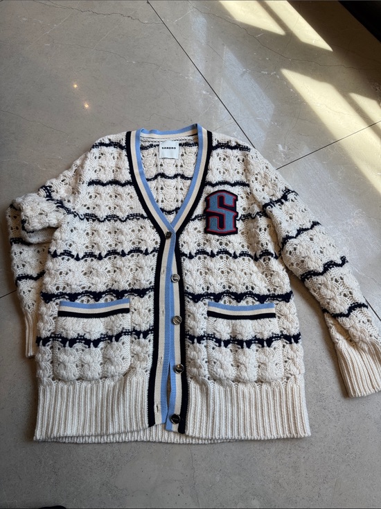 Sandro Sweaters - Sandro Cream Cable Knit Cardigan with Navy & Light Blue Trim